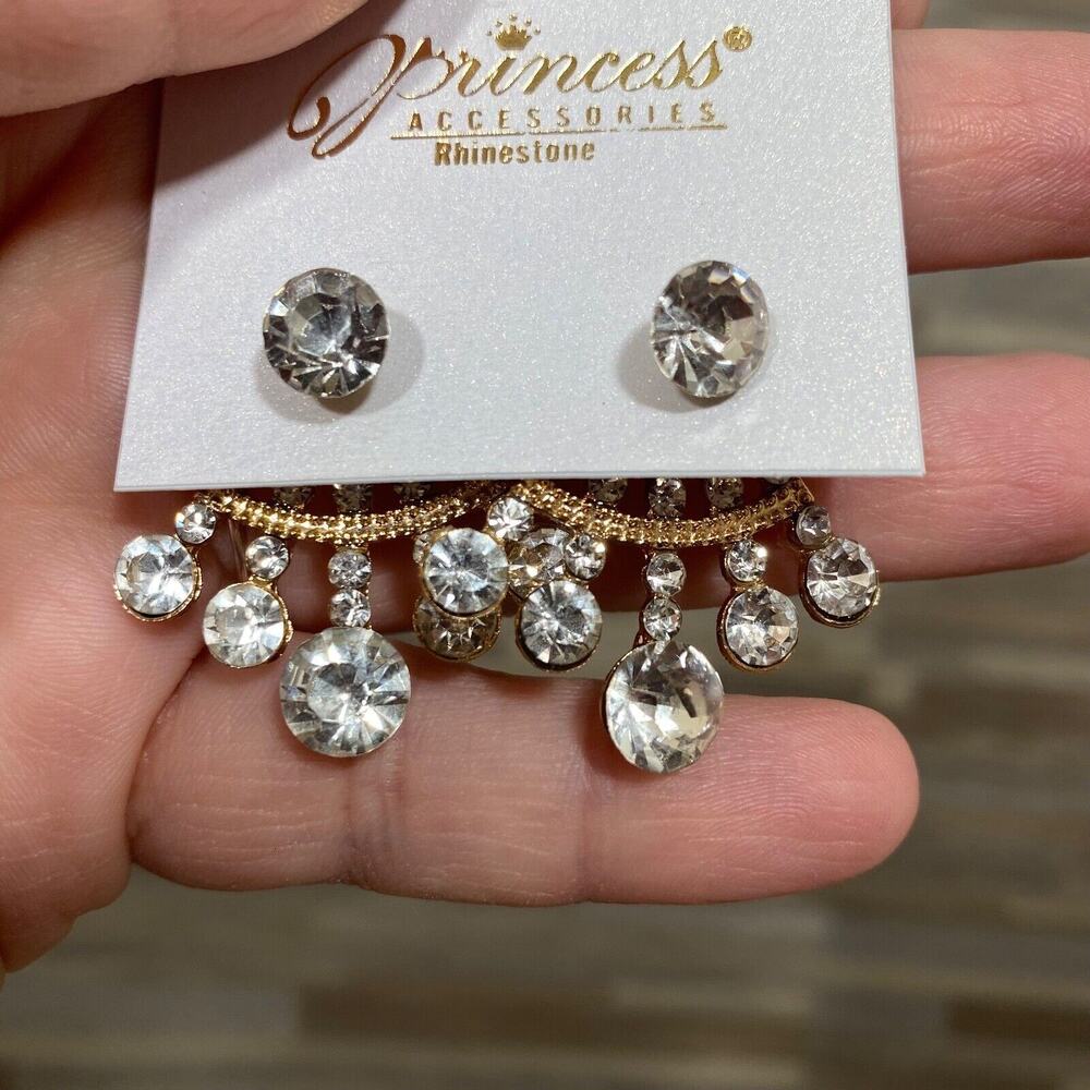 Princess Accessories Rhinestone Under Lobe Cuff Stud Gold Tone Earrings - Picture 5 of 8
